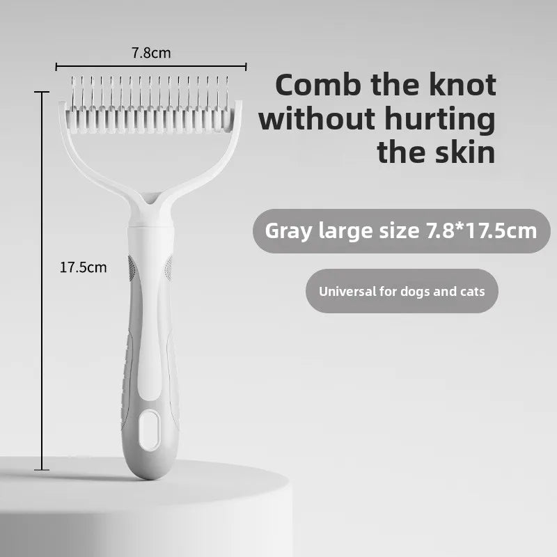 Double-sided dog comb by Kritter Krush with fine and coarse teeth for grooming and detangling pet fur.
