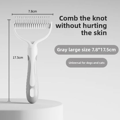 Double-sided dog comb by Kritter Krush with fine and coarse teeth for grooming and detangling pet fur.