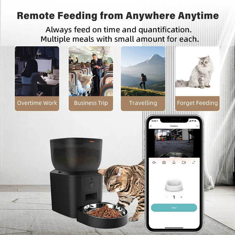 Kritter Krush Smart Cat Feeder with digital display, designed for automatic pet feeding, shown on a clean countertop.