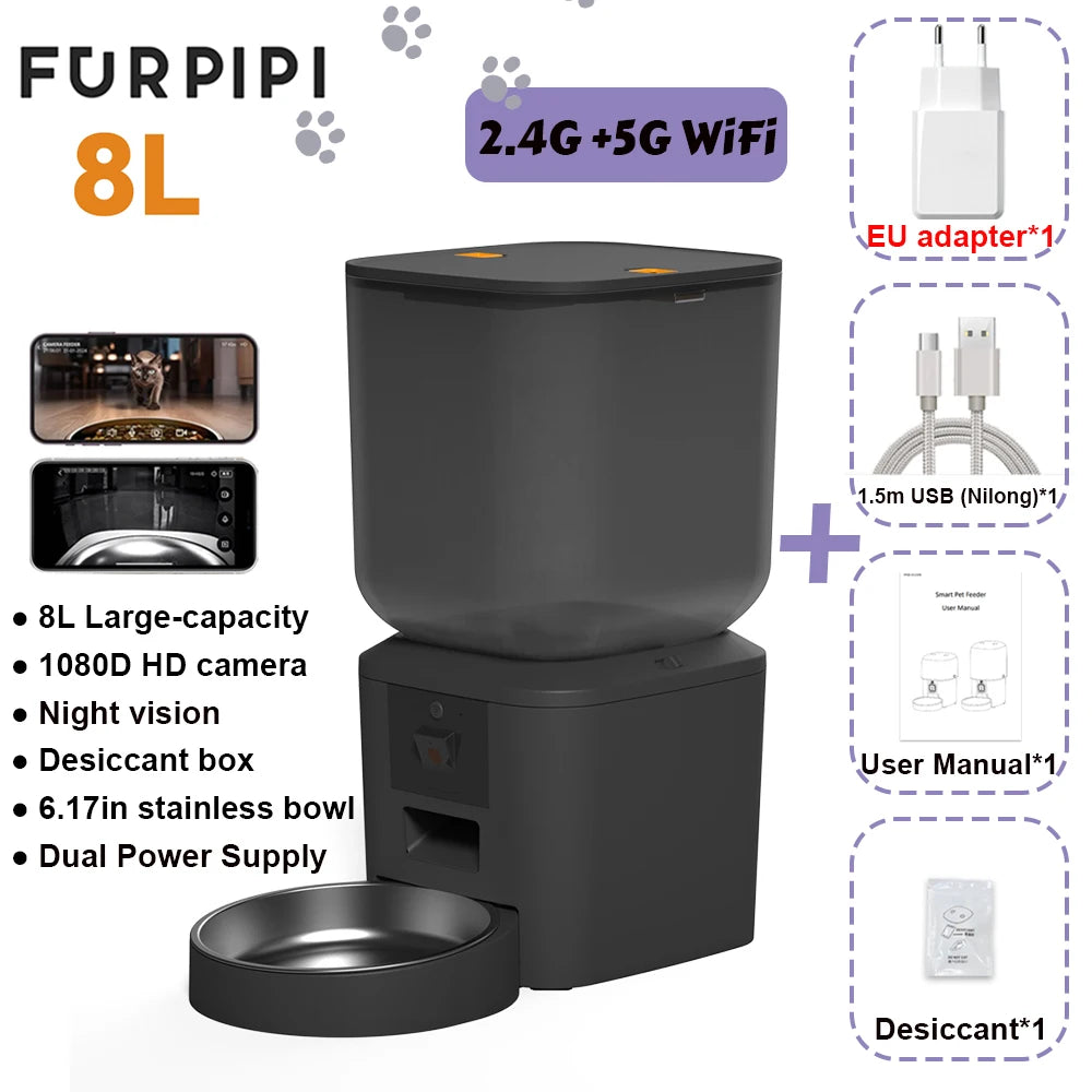 Kritter Krush smart cat feeder with digital display and adjustable food portions, designed for convenient pet feeding.