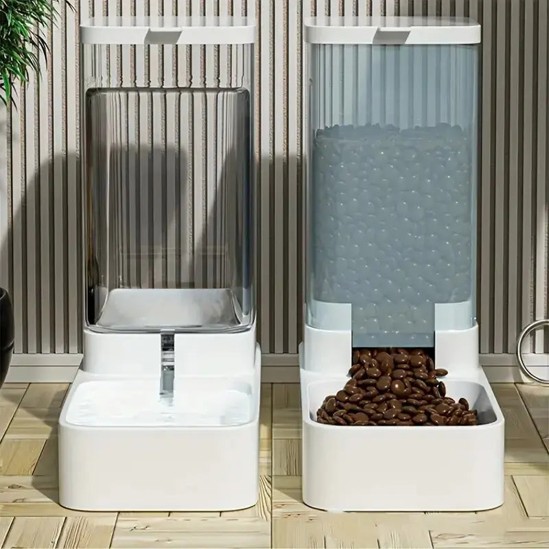 Kritter Krush automatic pet dispenser set with food and water bowls, designed for easy pet feeding and hydration.