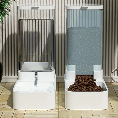 Kritter Krush automatic pet dispenser set with food and water bowls, designed for easy pet feeding and hydration.