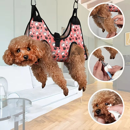 Kritter Krush pet grooming hammock hanging with pet securely suspended for grooming or bathing.
