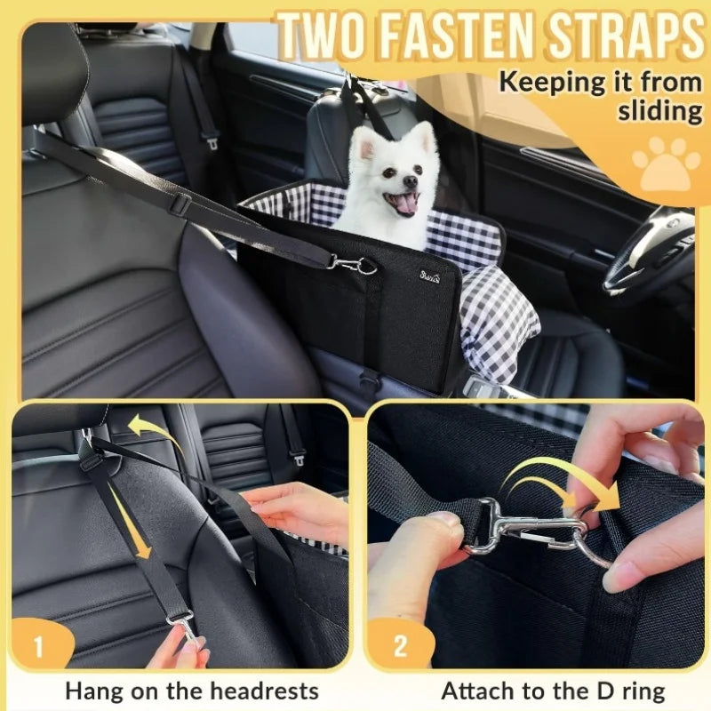 Small Kritter Krush dog car seat showing padded interior and secure straps for safe travel with small dogs.