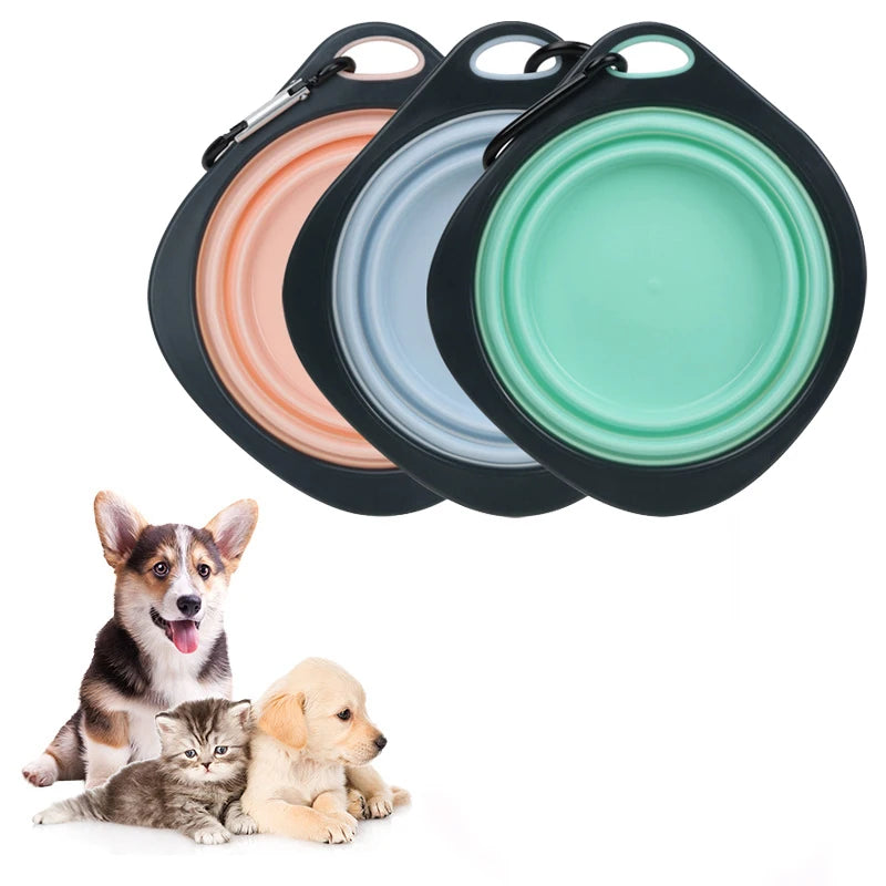 Kritter Krush folding pet bowl open with water and food, portable silicone travel bowl for pets on the go