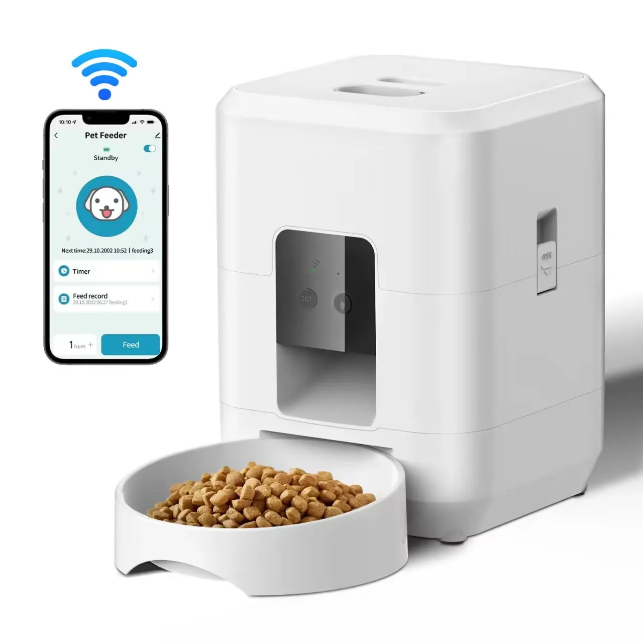 Kritter Krush smart automatic feeder with digital control panel, dispensing pet food into a bowl for convenient feeding.