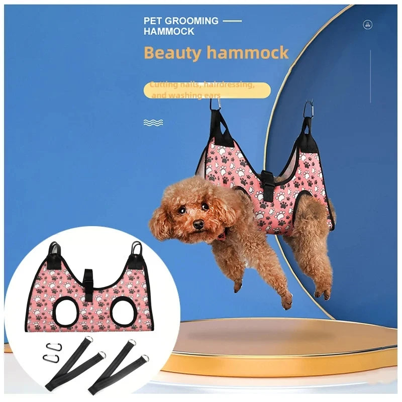 Kritter Krush pet grooming hammock supporting pets during grooming, with soft fabric and adjustable straps for comfort and stability.