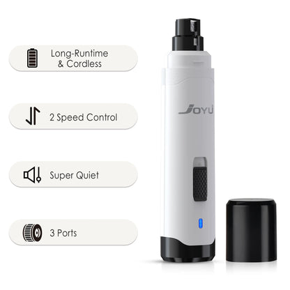 Electric nail grinder by Kritter Krush with a compact design, showing the device and grinding attachments for pet nail grooming.