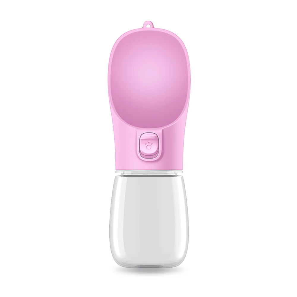 Kritter Krush pet water bottle with attached drinking nozzle, portable design for outdoor walks and pet hydration.