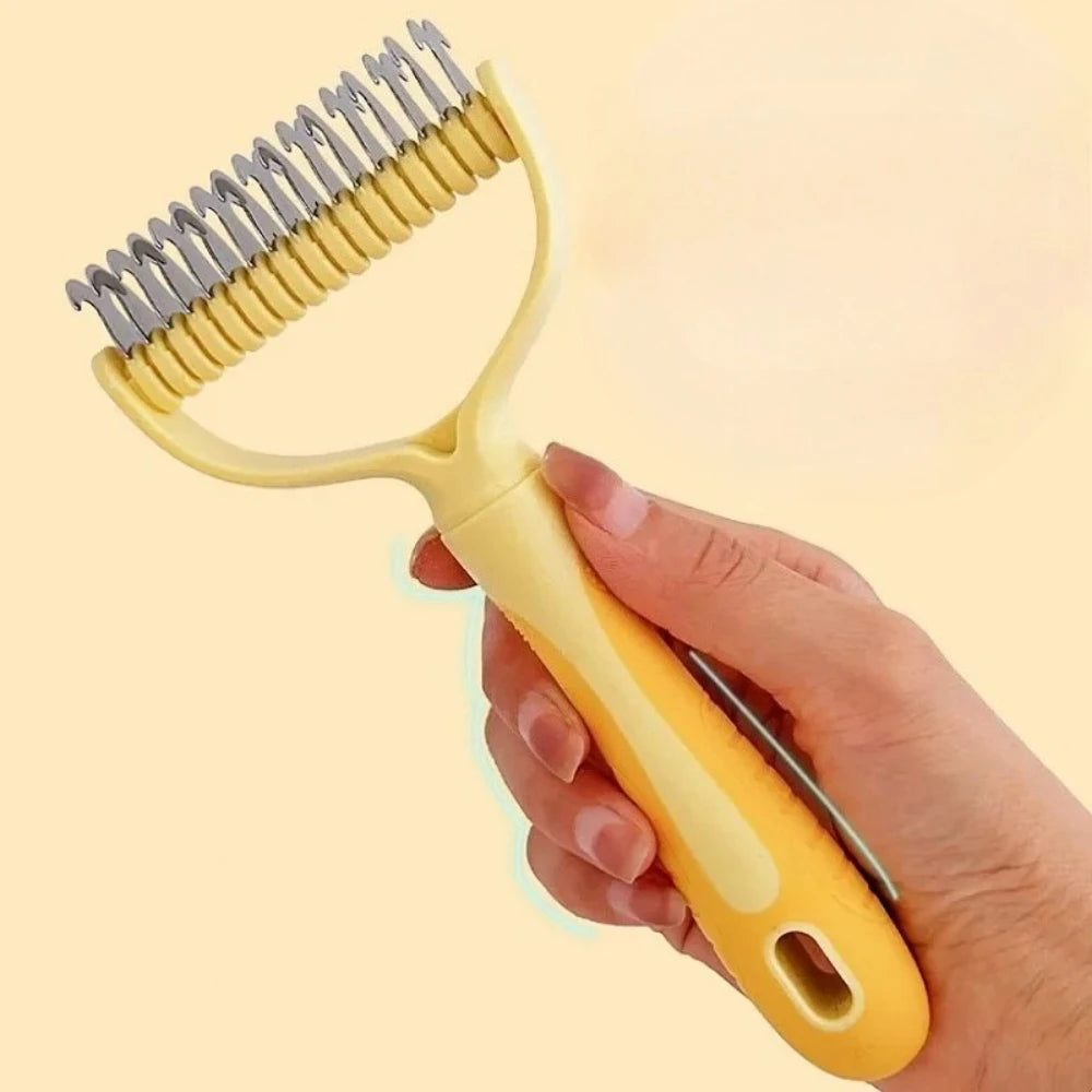 Double-sided dog comb by Kritter Krush with fine and wide teeth for grooming and detangling pets' fur.