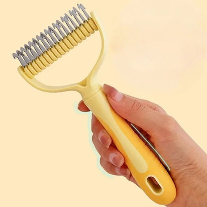Double-sided dog comb by Kritter Krush with fine and wide teeth for grooming and detangling pets' fur.