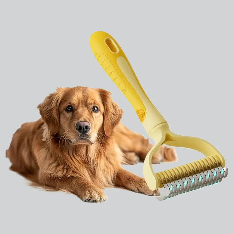 Double-sided Kritter Krush dog comb with metal teeth for grooming and detangling pet fur, shown on a white background.