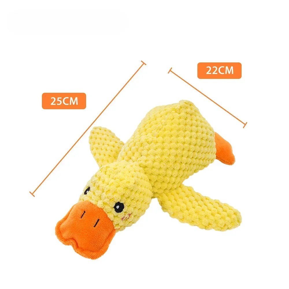 Kritter Krush duck plush toy with soft yellow fabric and embroidered eyes, ideal for cuddling and playful decor.
