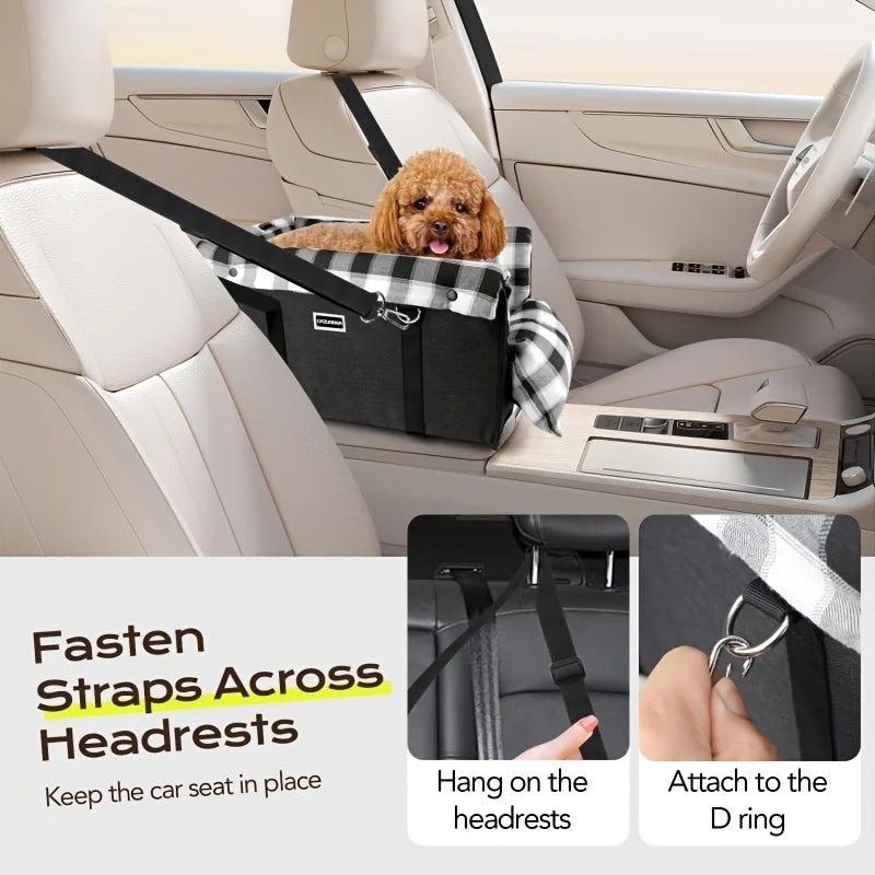 Small Kritter Krush dog car seat with cushioned interior and secure harness for safe travel in a vehicle.