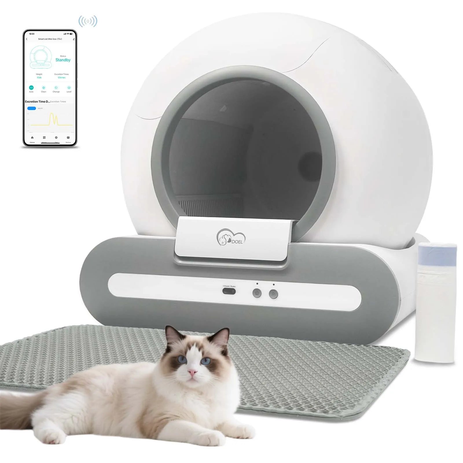 Self-cleaning Kritter Krush litter box with automatic waste disposal and modern design, suitable for easy cat litter maintenance.