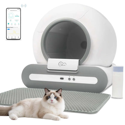 Self-cleaning Kritter Krush litter box with automatic waste disposal and modern design, suitable for easy cat litter maintenance.