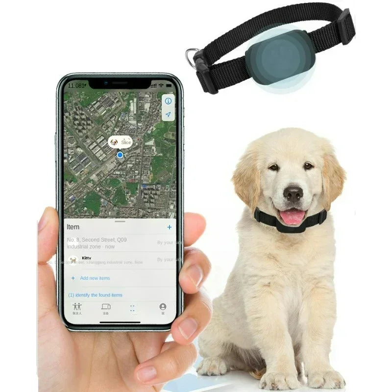 Kritter Krush Pet GPS Tracker Collar showing a sleek black collar with attached GPS device for pet location tracking.