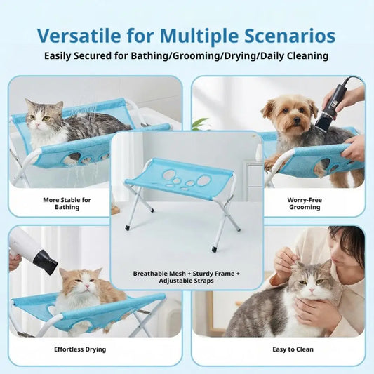 Elevated Pet Bath and Grooming Hammock by Pawsh Living Store shown in a cozy grooming space with soft fabric and sturdy frame.