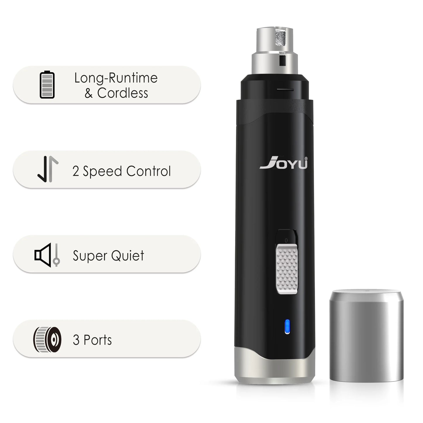 Kritter Krush electric nail grinder with a sleek design, showing the grinding attachment and control buttons for pet nail grooming.