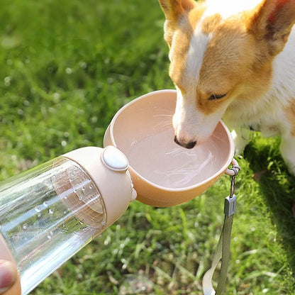 Kritter Krush portable pet water bottle with a clear bottle and attached collapsible bowl for on-the-go hydration.