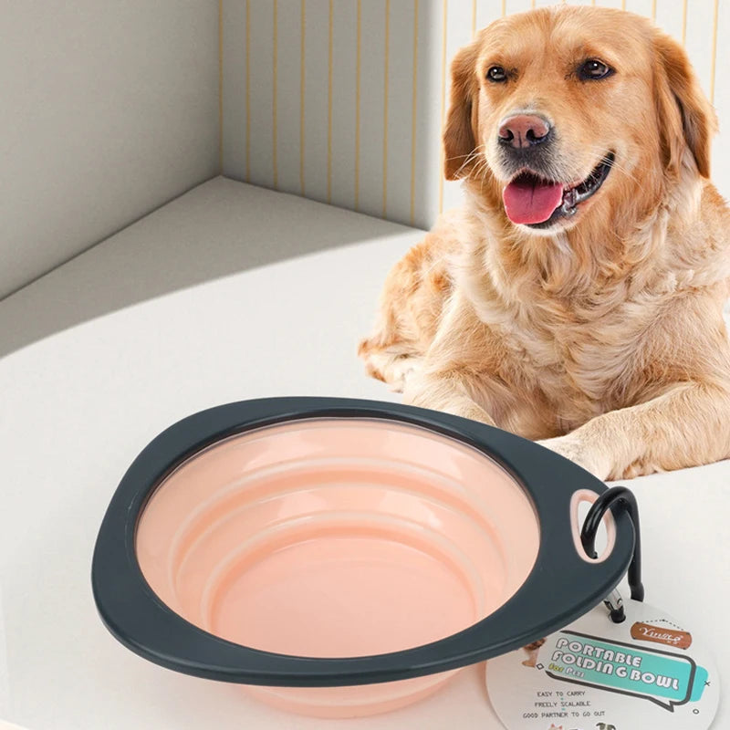 Foldable Kritter Krush pet bowl for travel, shown opened with water and dog food inside, lightweight and space-saving design.
